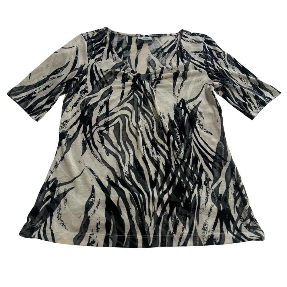 Chicos Womens V-Neck Short Sleeve Top Black White Zebra Animal Print Shirt SZ 0
